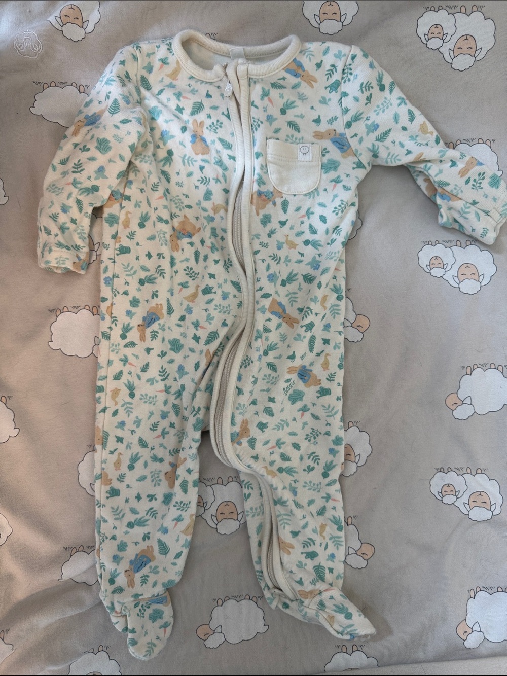 Mori Cream Baby Footed One-Piece with peter rabbit Print